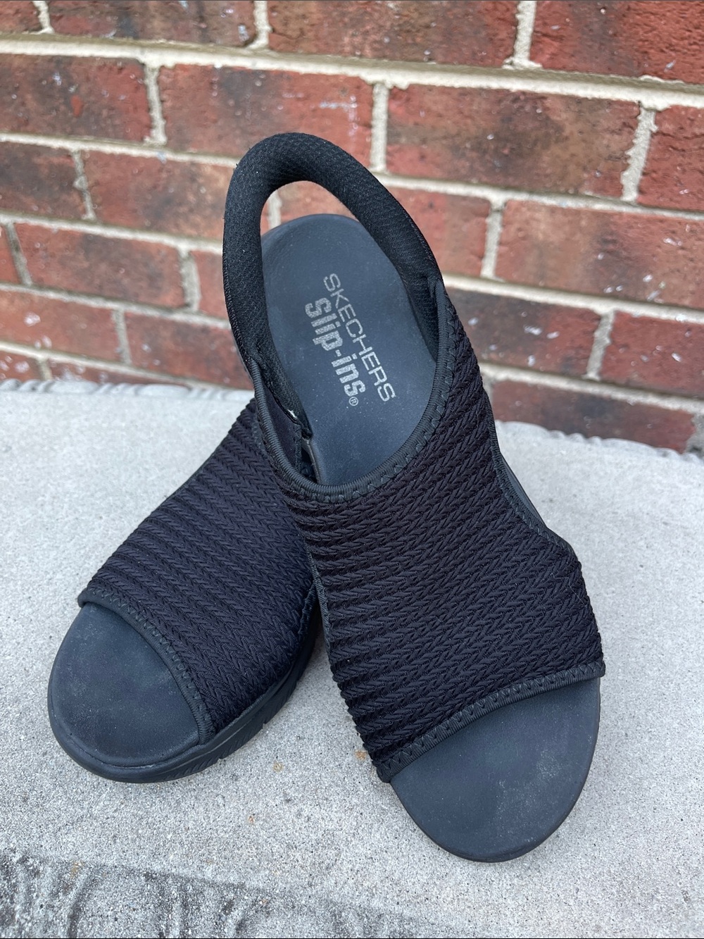 Skechers Black Knit Slip-On Wedge Sandals